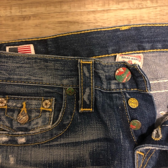 True Religion Denim - True Religion Dark Blue Skulls And Roses Jeans with Yellow Accents